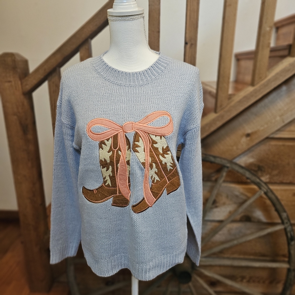 Aqua Blu Light Blue Sweater with Pink Boot Design - Picture 3 of 9